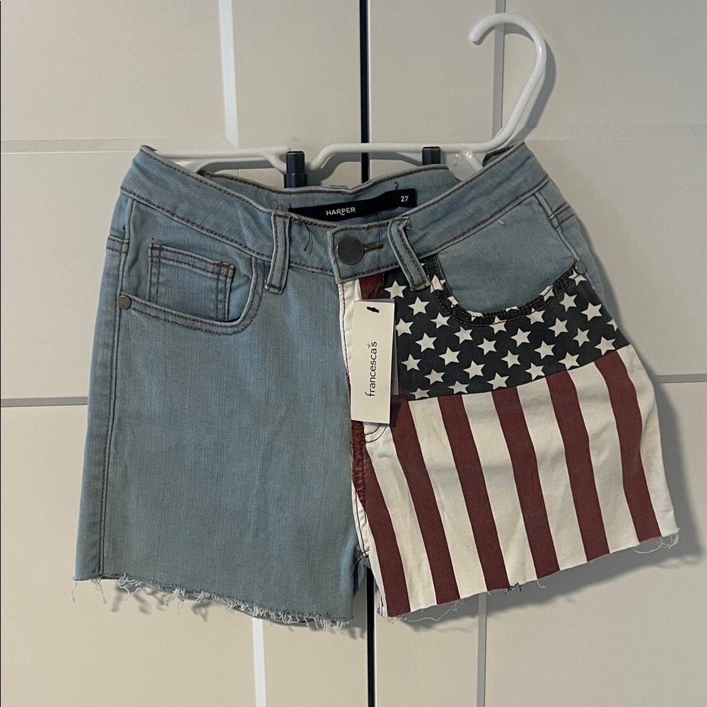 Francesca's Collections Blue Jean Shorts with Star and Stripe Design